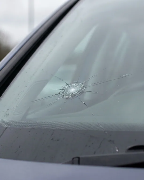 A stone chip with cracks spreading across a windscreen