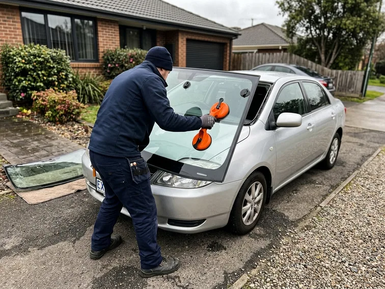 A windscreen being lifted into place with suction cups