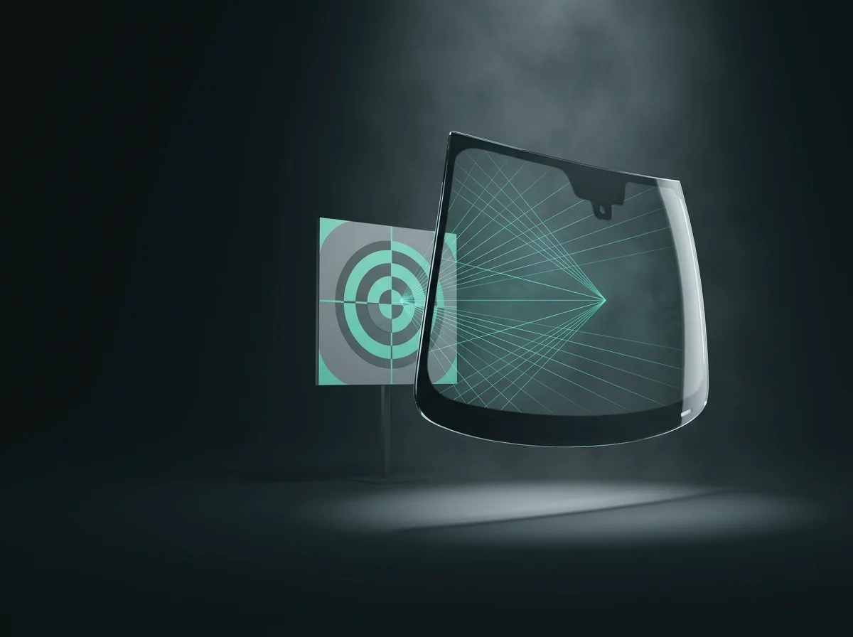 A windscreen suspended in a dark studio with an ADAS calibration target and the camera field of view drawn in light